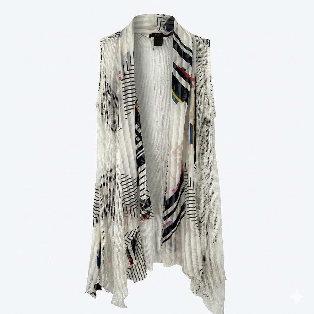 Radzoli Womens Medium White Multi Geometric Mesh Pleated Kimono‎ Vest Duster